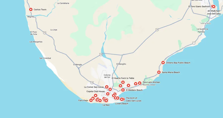 Screenshot of the shared Google Maps list for Your Los Cabos Trip Companion showing saved restaurants, beaches, practical stops, and scenic locations across Los Cabos.